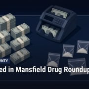 Fostoria News Stacks of cash and seized bags on a dark background with a police graphic.